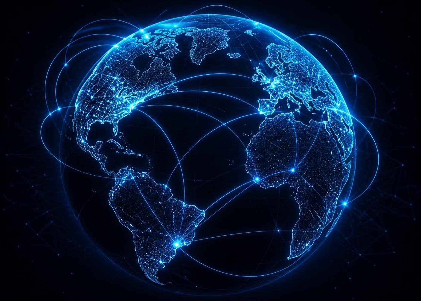 Digital globe with glowing connection lines between continents