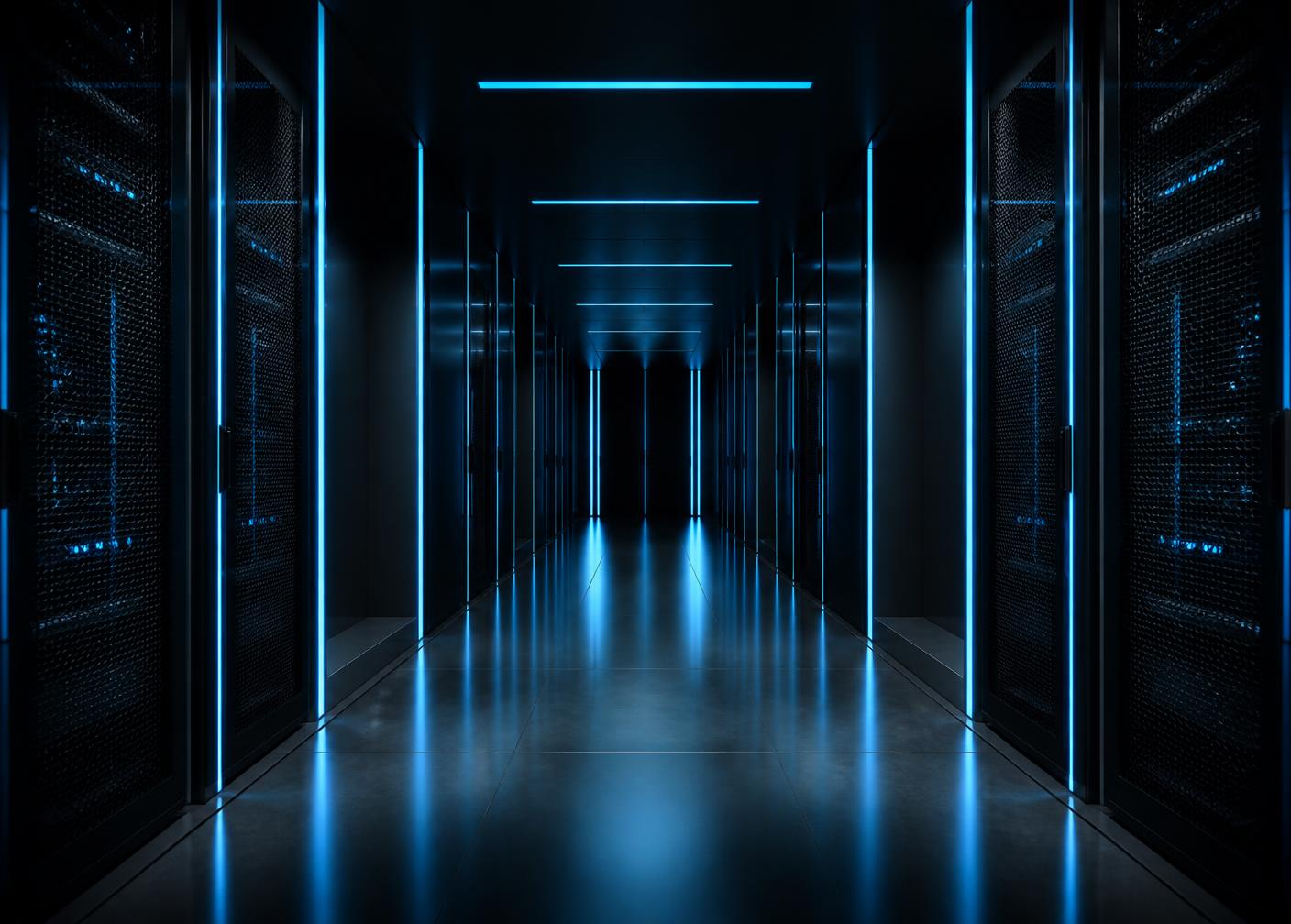 Modern data centre corridor lit with blue light strips