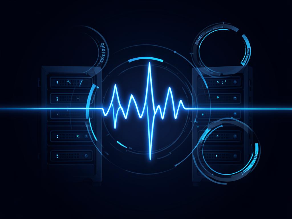 Glowing blue pulse waveform between server racks