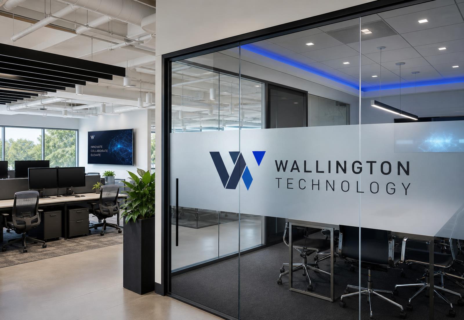 Wallington Technology workspace with branded glass meeting room signage