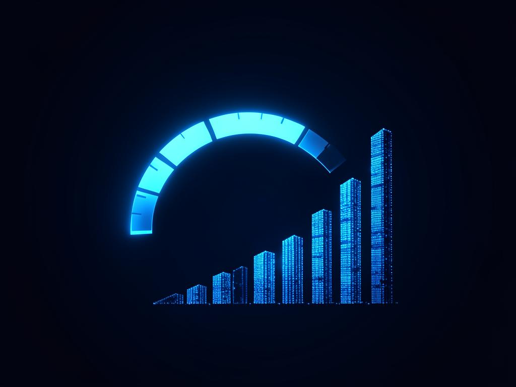 Glowing blue speedometer arc beside a rising bar graph
