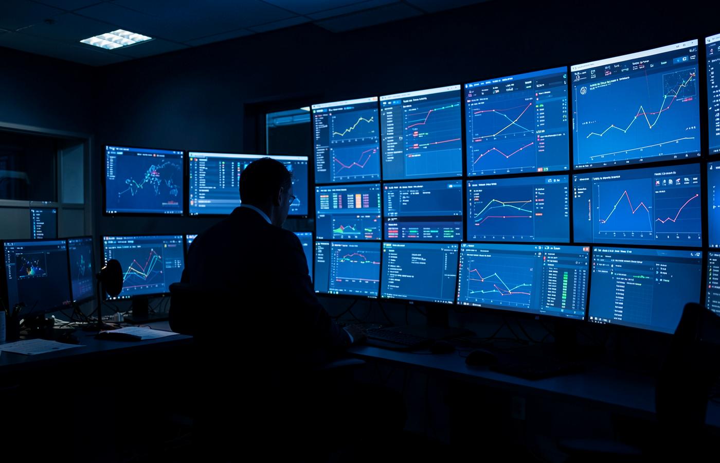 Analyst monitoring security dashboards in an operations centre