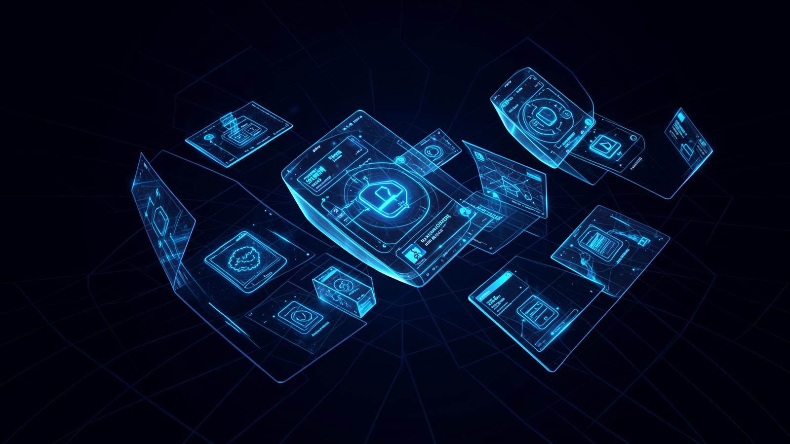 Holographic panels representing a catalogue of digital tools