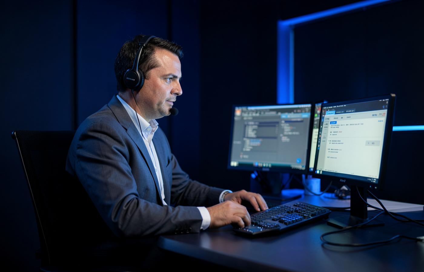 Support engineer with a headset at a dual-monitor workstation