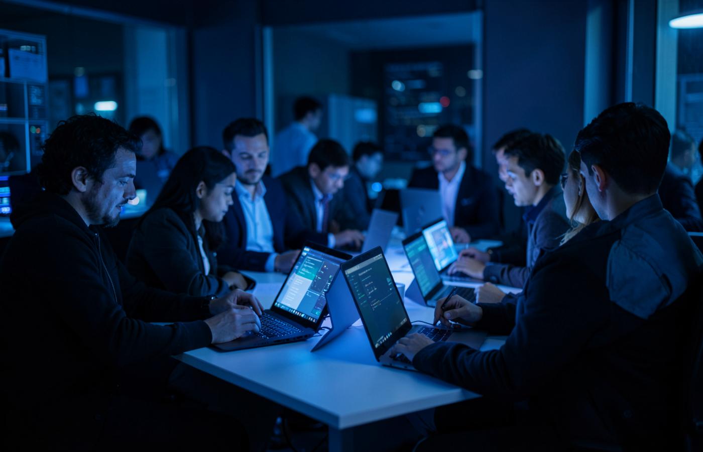 Technology team collaborating around laptops in an office