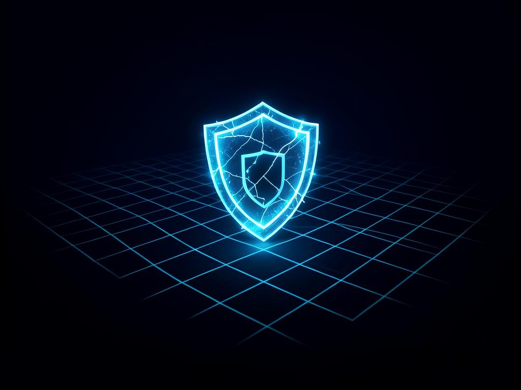Glowing blue shield hologram over a scanning grid